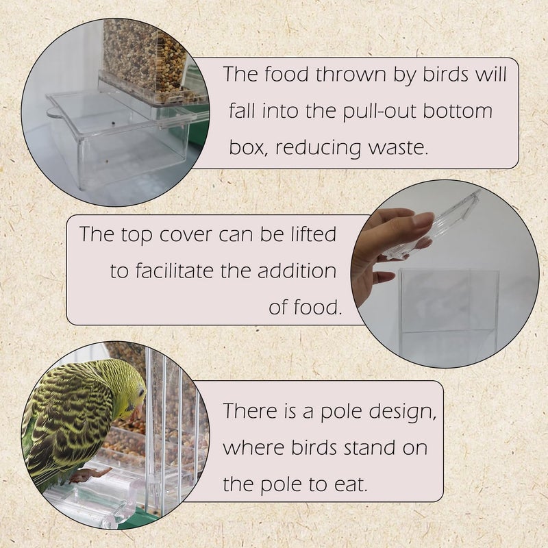 IBWell No Mess Automatic Bird Feeder for Cage - Parrot Feeder Inside Cage With Clear Perch and Acrylic Seed Food Container - Image 4